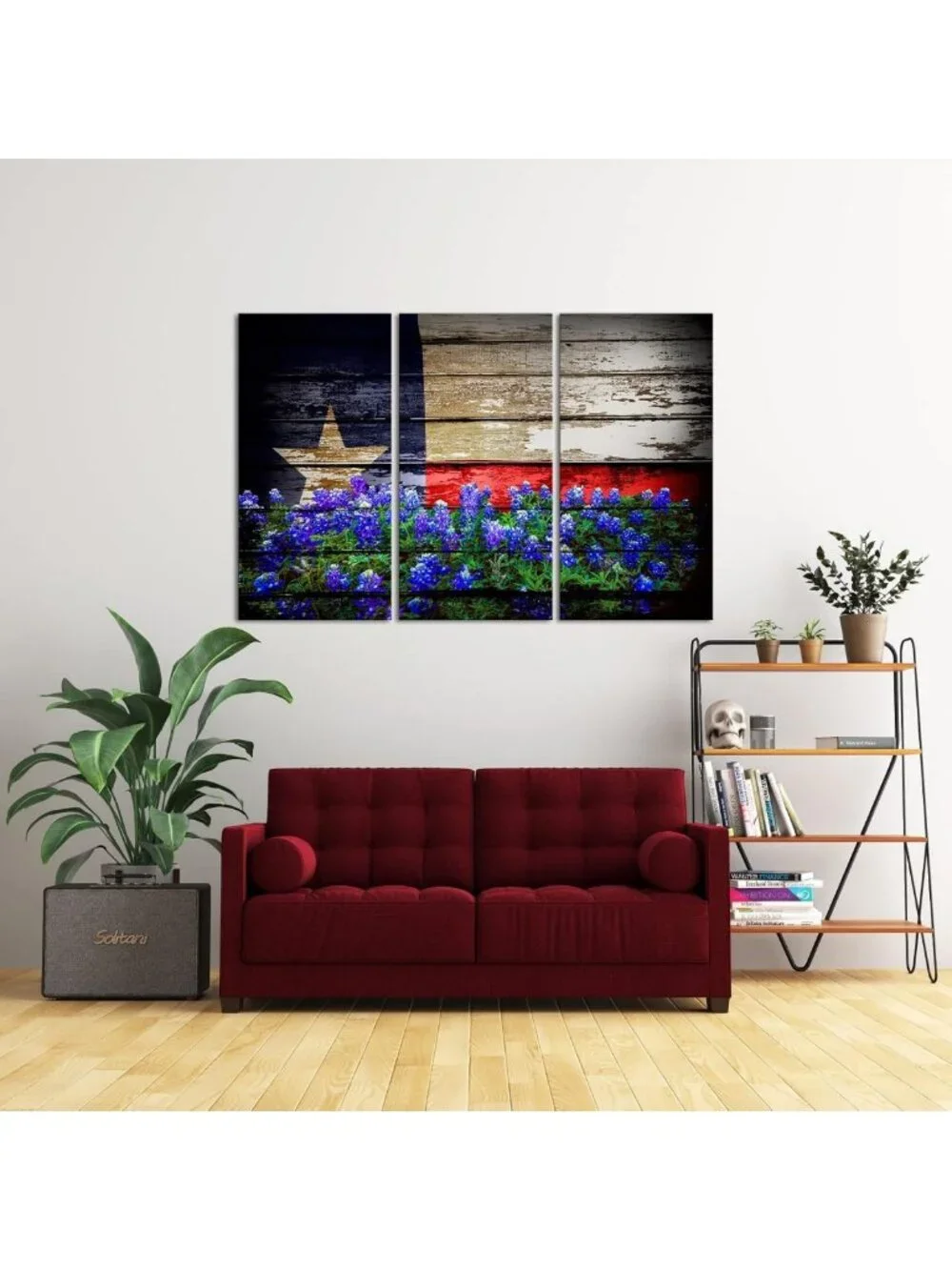 Texas Wall Art Canvas Set - Bluebonnet Flag Prints for Home Office Decor